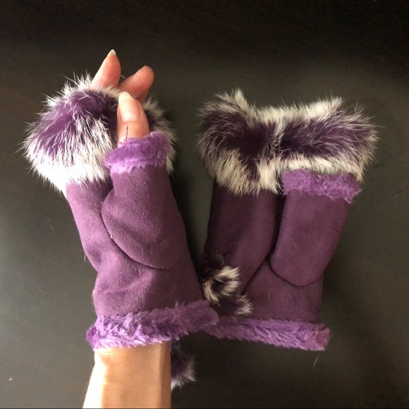 NWT purple fingerless mittens angora fur gloves Purple warm faux suede Pompom - Picture 7 of 8